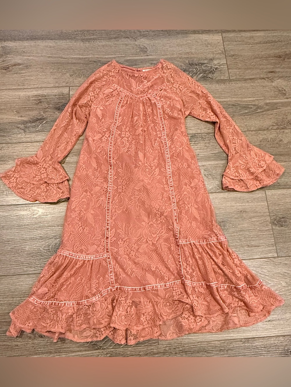 Mia Joy Girls' Floral Lace Bell-Sleeve Tiered Formal Dress, Rose Pink, Boho